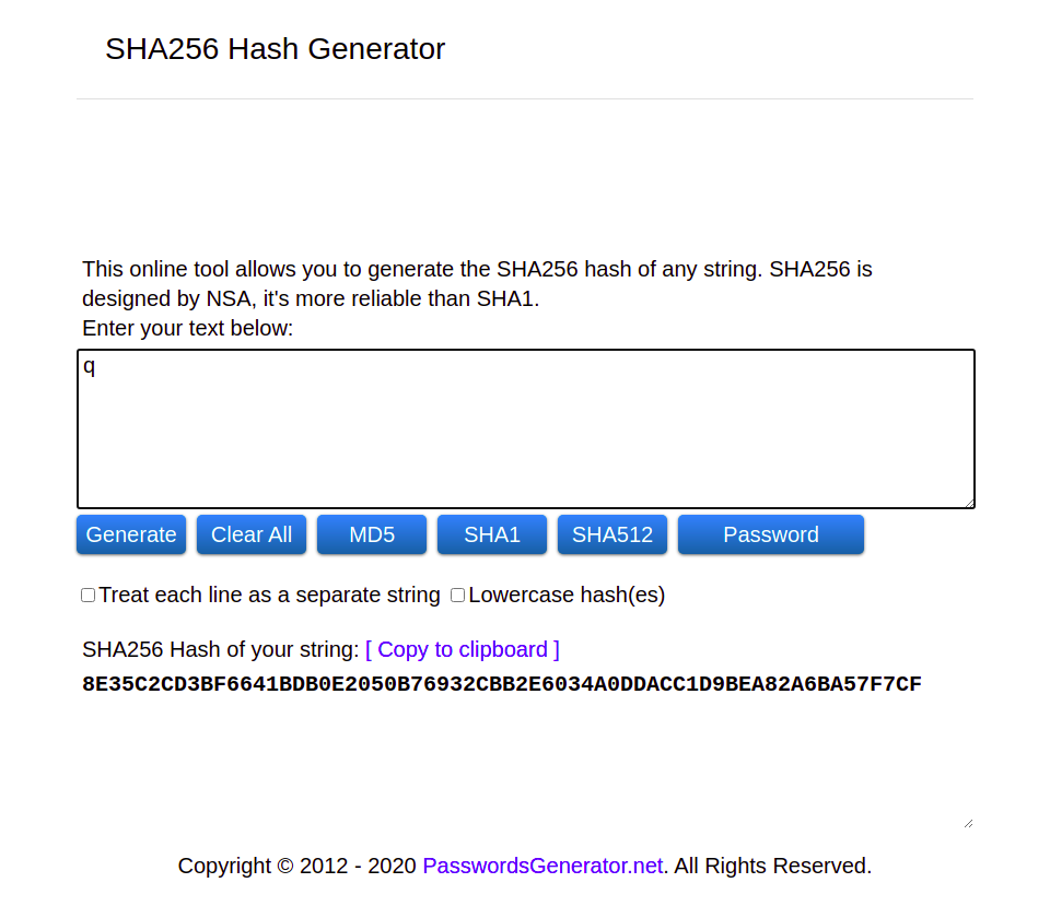 Screenshot of SHA256 hash generator with lowercase q in the text field
