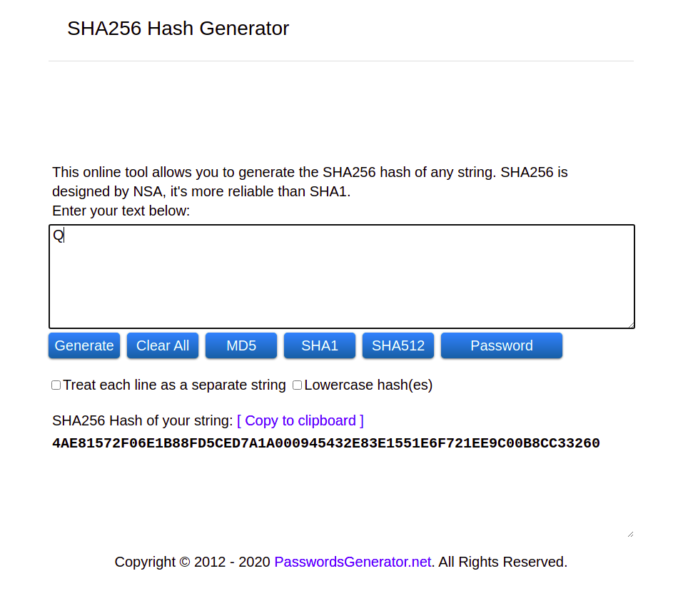 Screenshot of SHA256 hash generator with uppercase Q in the text field